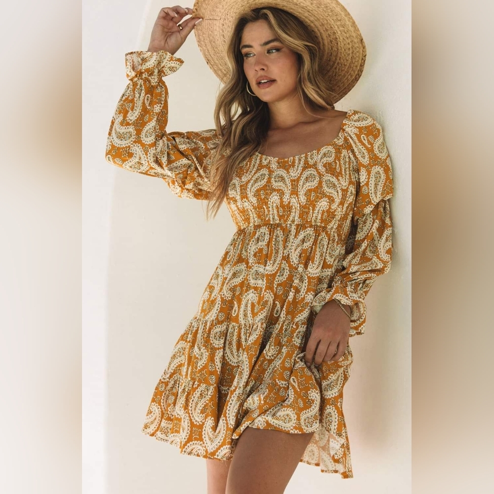 XL Yellow Boho Paisley Print Dress NEW WITH TAGS